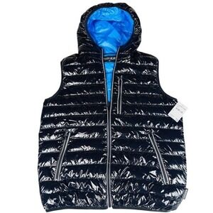 NWT Noize‎ Mens Small Glossy Black Puffer Vest Hooded Blue Lining New With Tags